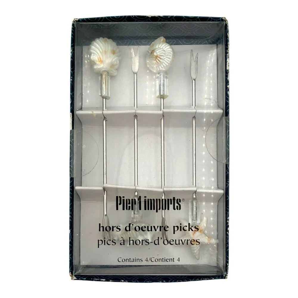 VTG 1980-90s Pier 1 imports Hors D’Oeuvre Pick Set 4PC Seashells White & Silver